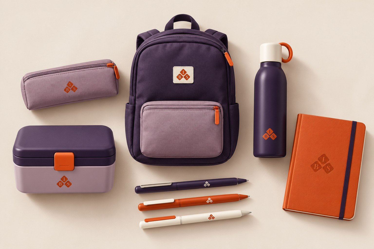 BLS backpack, bottle, lunch box, pencil case, notebook and pens in plum, mauve and orange
